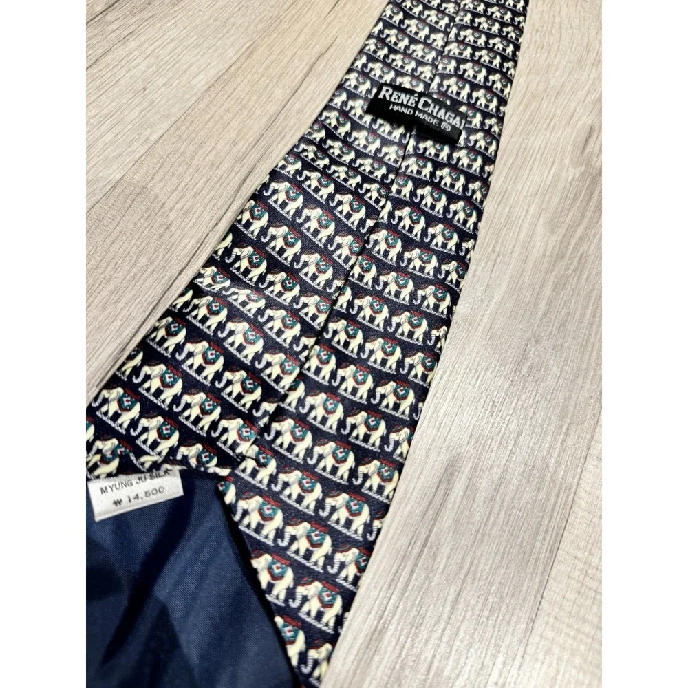 Rene Chagal Handmade Navy Blue Multi Elephant Animal Print Skinny Men's Tie